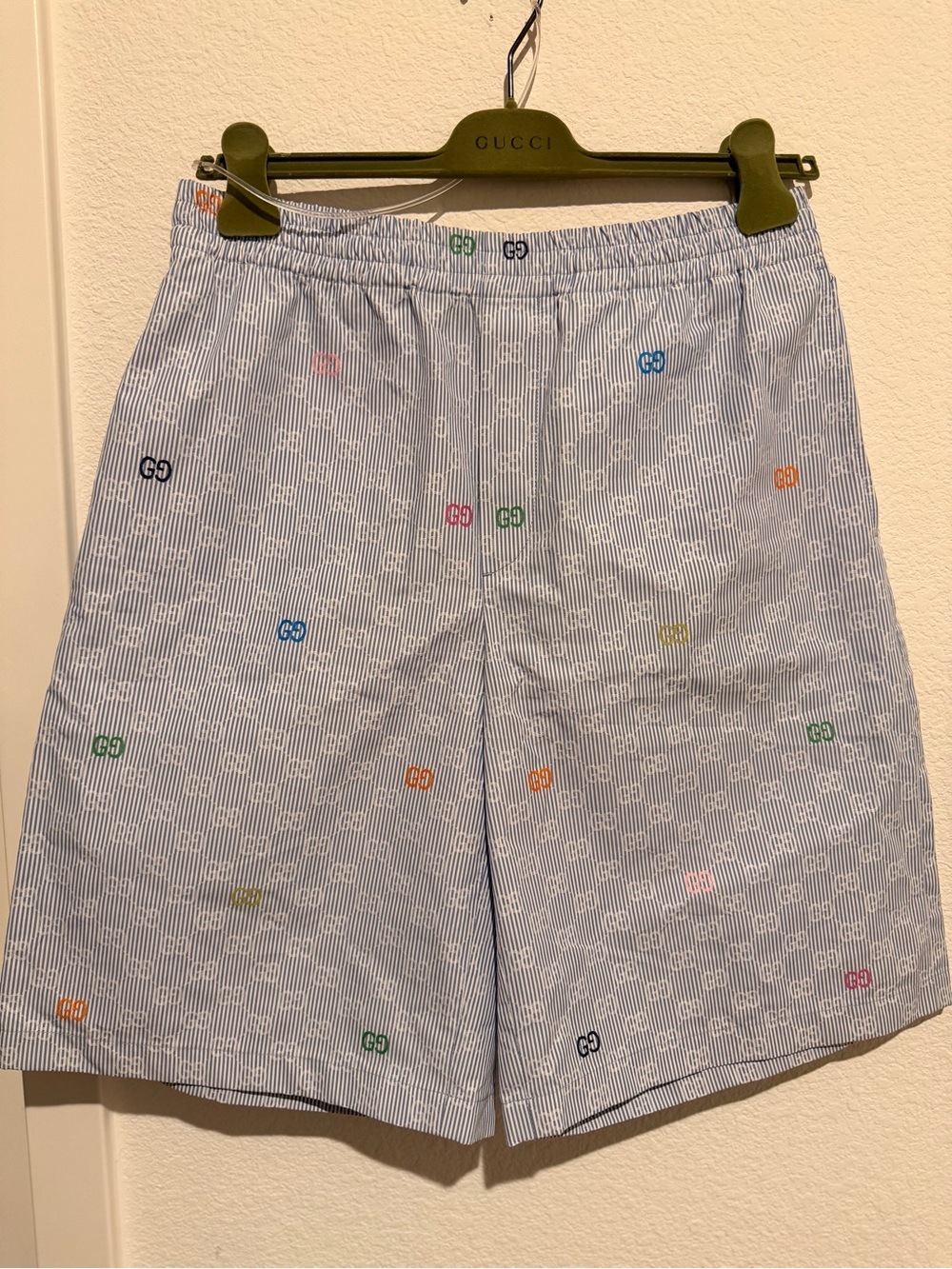 Gucci Light Blue Pinstripe Shorts with Multicolor GG Motif